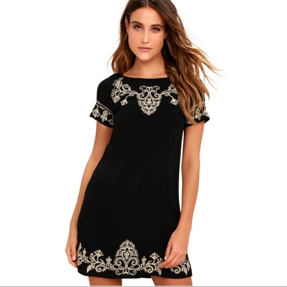 LULU’S Tale to Tell Black & Beige Embroidered Shift Dress